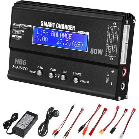 Lipo Chargeur Équilibreur 80W 6A pour Batterie LiPo/Li-ION/Life (1-6S) et NiMH/NiCd (1-15S), Chargeur RC avec écran LED, Bloc d'alimentation et Adaptateur XT60 / Deans/JST/Futaba (1/5)
