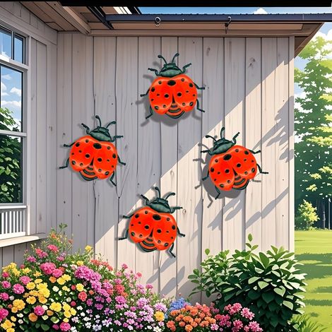 4 décorations murales en métal représentant des coccinelles, ornements de clôture de jardin et sculptures décoratives pour patio (1/5)