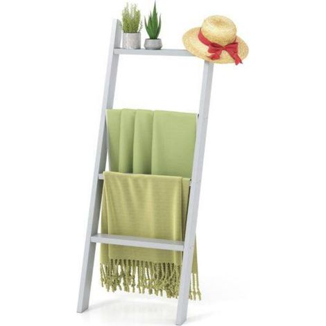 Bois de pin gris, étagère échelle 4 niveaux pour rangement déco et serviettes, salle de bain salon chambre (1/5)