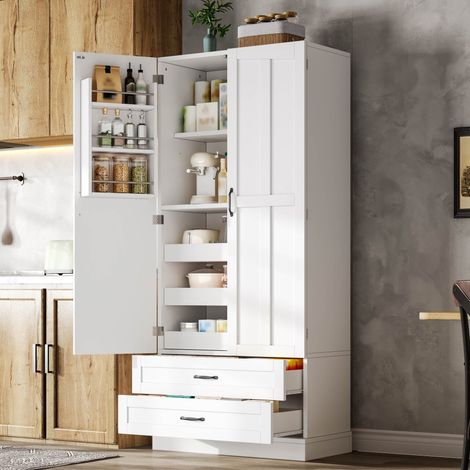 Credenza da cucina alta 80x37x180 cm - Grande mobile contenitore moderno con illuminazione a LED, cassetti e ripiani sulle ante - Bianco (1/5)