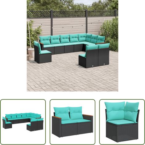vidaXL Gartenmöbel - 10-teiliges Gartensofa-Set mit Kissen, schwarzes Polyrattan (1/5)