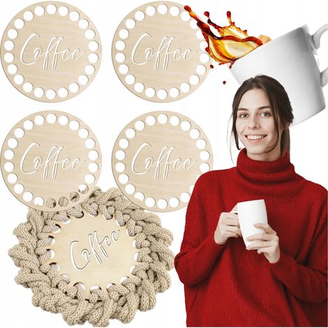 Sottotazza all'uncinetto, 4 pz, scritta con COFFEE, base CERCHIO, 10 cm (1/5)