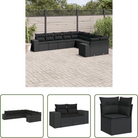 Gartensessel -  10-tlg. Garten-Sofagarnitur mit Kissen Schwarz Poly Rattan