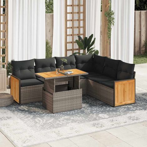 Salon de jardin avec coussins 7 pcs gris résine tressée acacia (1/5)