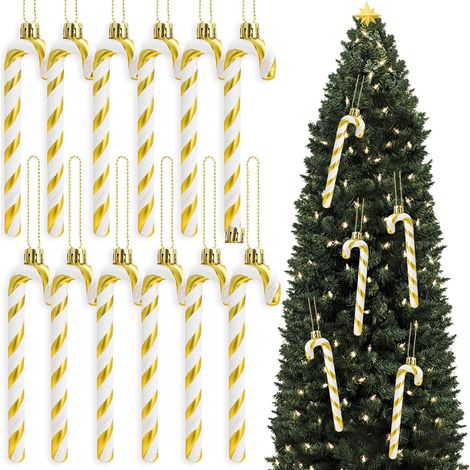 12 adornos navideños de bastón de caramelo para árbol de Navidad, adornos navideños de bastón de caramelo con purpurina, adorno navideño de bastón de caramelo para árbol de Navidad (dorado) (1/5)