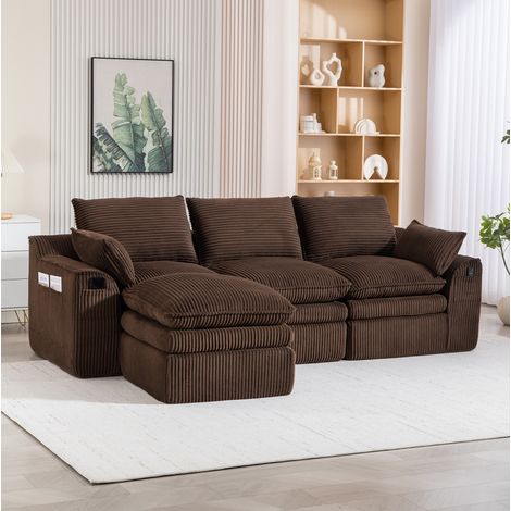 FloraGrace Canapé modulaire 3 places, 263 x 167 x 85 cm, corduroy marron, avec pouf et coussins (1/5)