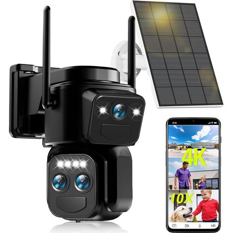 4K Triple-Lens Outdoor WiFi Surveillance Camera, 360° PTZ Camera, 8MP Human Detection with Solar Panel, Automatic Tracking, Night Vision, Color Vision, Waterproof, Two-Way Audio, 10X Zoom (1/5)