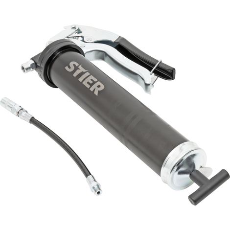 STIER Einhand-Fettpresse mit Nylonschlauch, Arbeitsdruck 410 bar, Kompatibel mit allen gängingen Fettkartuschen, ergonomischer Anti-Rutsch-Pistolengriff, Schmierpresse