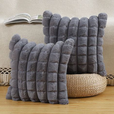 Lot de 2 À Carreaux Housses de Coussin en Peluche en Fausse Fourrure Housse de Coussin décorative Douce moelleuses pour Coussin de Chambre à Coucher de canapé Gris 45x45 cm (1/4)