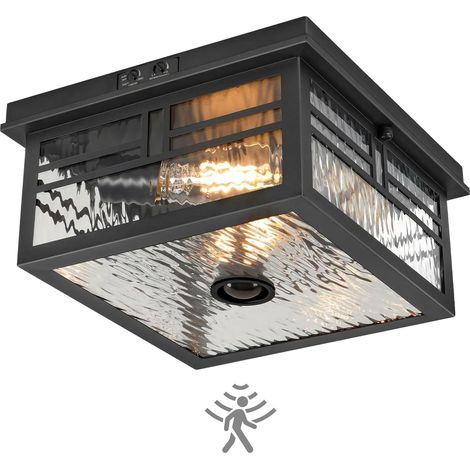 Plafonnier exterieur avec détection de mouvement, E27 Lampe Plafond en Verre Design industriel intemporel, IP65 Étanche Luminaire Plafond Noir pour Porte d'entrée Balcon Terrasse Garage (1/5)
