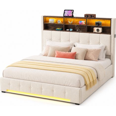 CHICFURN Cama tapizada 180x200 cm de terciopelo beige con cabecero multifunción, 6 compartimentos, bolsillos laterales, USB-C, LED y arcón hidráulico (1/5)
