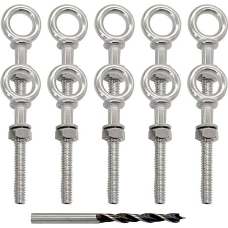Lot de 10 boulons à il filetés en acier inoxydable T316 de 6,35 mm x 5,1 cm avec écrous, rondelles et foret de qualité marine G277 (argenté) (1/5)