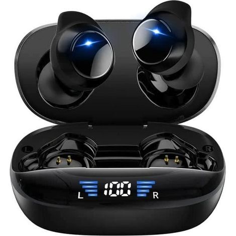 Écouteur Sans fil 4 Micros Intégrés Étanche IPX7 Casque Bluetooth 5.1 Son Hi-Fi Stéréo Autonomie 48h Appel HD Écran LED,Noir (1/4)
