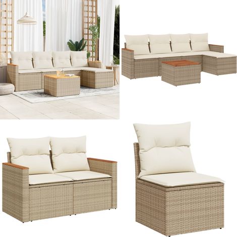 Salon de jardin avec coussins 6 pcs beige résine tressée - Ensemble Salon De Jardin - Mobilier De Jardin - Canapé Extérieur - Chaise Extérieure - Table Basse Jardin - Home & Living (1/5)