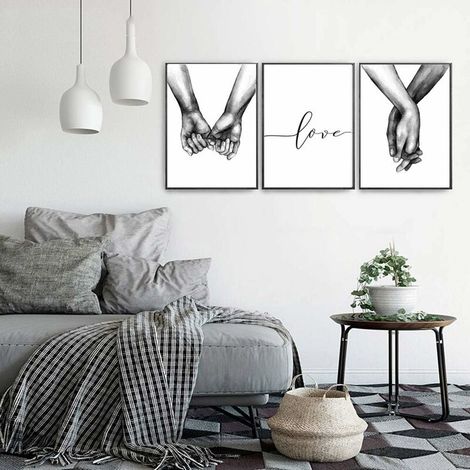 Set de 3 Affiches Noir et Blanc Tenant par la Main et Citation Amour Murale Chambre Tableaux Décoration Peinture sur Toile Poster Deco Salon sans Cadre T-Audace (1/5)