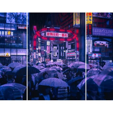Triptyque sur toile Tokyo blue rain 125x97 cm - Impression sur Toile Murale Décorative - Image imprimée en HD sur Toile - Toile sur Châssis en Bois FSC - Fabriqué en France (1/4)