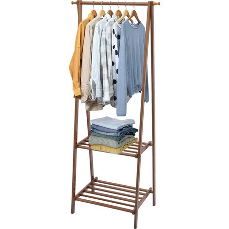 Porte-manteau pliable en bois à 2 étagères avec tringle à vêtements, porte-vêtements avec crochets, pour chambre à coucher, entrée, couloir, 66 x 40 x 160 cm (Tawny)