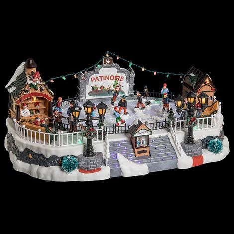 Fééric Lights And Christmas – Village de Noël lumineux avec patinoire blanche – Scène de vie animée – 24 LED multicolores – Dimensions 40x28x17cm – Poids 1,41kg (1/5)