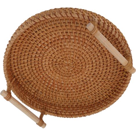Exquisites, handgeflochtenes, rundes Obsttablett aus Rattan mit Griffen aus Massivholz zur Aufbewahrung und Präsentation von Brot. (1/5)