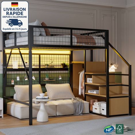 Cama alta 140x200 cm - Cama alta metálica multifuncional - Equipada con tira de luz LED controlada por APP - Escalera y armario abierto con espacio de almacenaje - Color negro