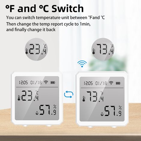 Tuya WiFi BT Détecteur de température et d'humidité Écran LCD Capteurs Fonction d'alarme haute et basse Maison intelligente Surveillance en temps réel Graphique de l'heure et de la date Conversion ℃ / (1/5)