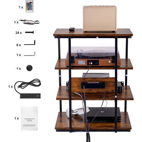 Support TV Média 4 Étagères avec Prises Intégrées, Meuble d'Angle LED, Tablettes en Bois Réglables en Hauteur pour Lecteurs DVD/Box TV/Consoles, Marron (1/5)