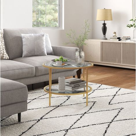 Mesa auxiliar redonda de vidrio y acero dorado Ø60 x 43 cm con estante (1/5)