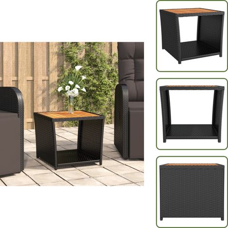 Beistelltisch mit Holzplatte Schwarz Poly Rattan & Akazienholz - Gartentisch - Teettisch - Balkontisch - Outdoor Möbel - Gartenmöbel Set