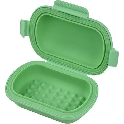 Porte-savon portable en silicone vert, avec couvercle hermétique et boîte de rangement antidérapante pour la salle de bain. (1/5)