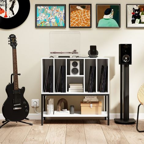 Support de platine avec station de charge, table de rangement de vinyles avec étagères - blanc (1/5)