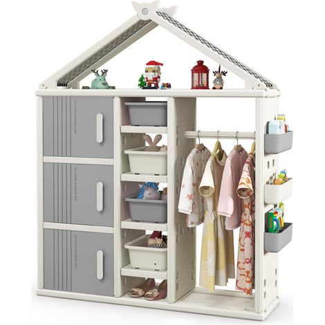 COSTWAY Armadio per Bambini, Organizzatore a Forma di Casa con 1 Lavagna, 3 Armadietti, 4 Cestini, 3 Cubi Chiusi e 3 Cestini Laterali, Armadietto Salvaspazio per Camera da Letto e Soggiorno (Grigio)