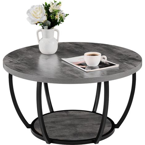 Table Basse Ronde, Table de Salon en Bois à 2 Niveaux, Meuble de Rangement Plateau de 80,5 cm, avec Rangement Ouvert, Structure Métallique Robuste et Minimaliste, pour Bureau Salon, Gris (1/5)