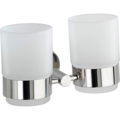 Wall-mounted toothbrush holder, double bathroom tumbler, glass - stainless steel fixing, 17.5x9.5x9 cm, glossy