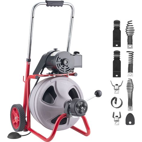 VEVOR Macchina per la Pulizia degli Scarichi 30 m x 9,5 mm, Trivella per Scarichi con Alimentazione Automatica su Ruote, 8 Lame e Interruttore a Pedale ad Aria Compressa per Tubi da 50 mm a 100 mm (1/5)