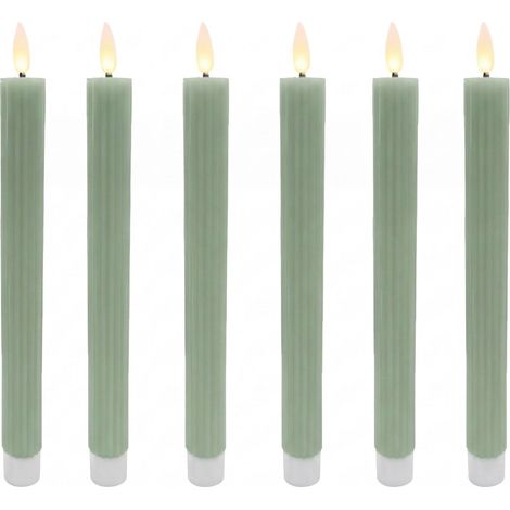 Relaxdays Candele LED a stelo, set da 6, HxD: 25 x 2 cm, fiamma tremolante, cera vera, rigate, senza fiamma, salvia (1/5)