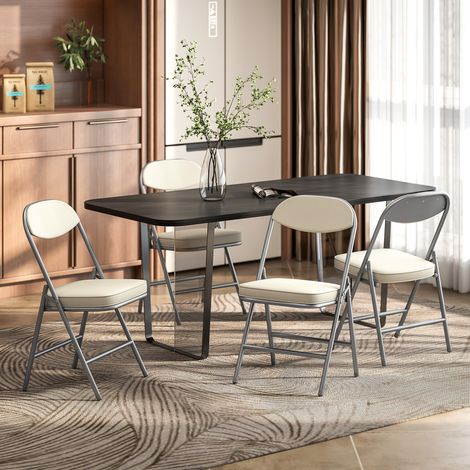 Ensemble de 4 chaises pliantes rembourrées, chaises pliantes avec revêtement en velours côtelé, dossier, structure en métal, blanc crème (1/5)