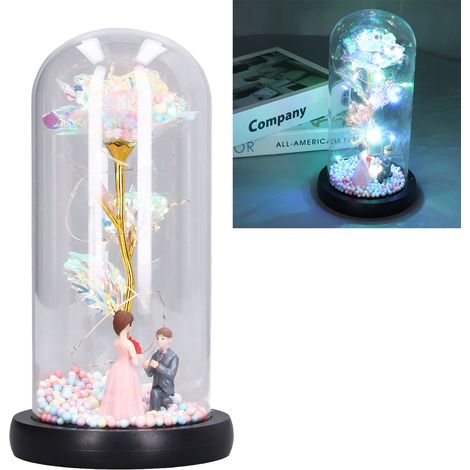Glasgeschenk zum Valentinstag, LED-Glaskuppel, bunte Rose, Liebeserklärung, Heiratsantrag, dekorative Rose aus Blattgold, Nachtlicht. (1/5)