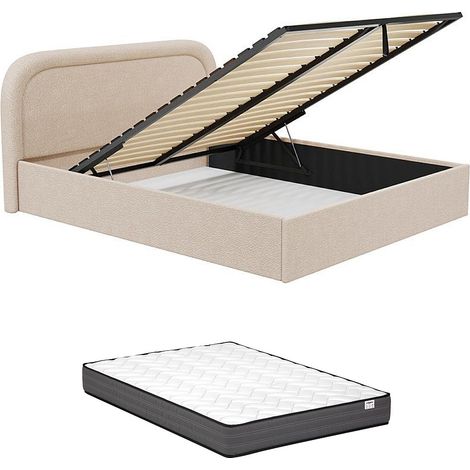 Letto con contenitore 140 x 190 cm Tessuto bouclette Beige + Materasso - FIREZA
