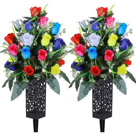 Fleurs Artificielles - Bouquet De Roses En Soie Pour Tombe - Vase Avec Piquets Pour Extérieur - 2 Pièces (1/5)