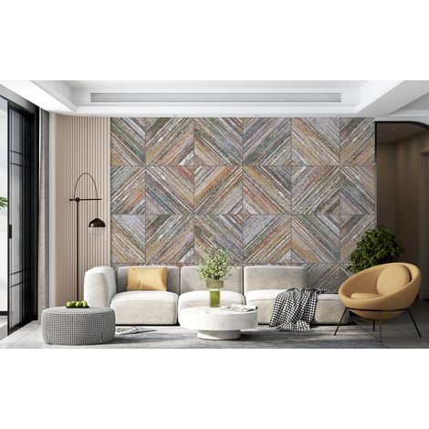 Papier peint géométrique - mosaïque de bois rétro - 150 x 250 cm (1/2)