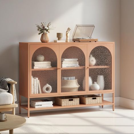 Buffet salon, meuble de rangement avec 3 portes vitrées cintrées et étagère ouverte, 140 x 40 x 105 cm, rouille