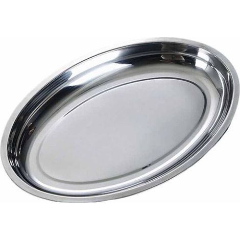 Plat ovale en acier inoxydable avec plateau argenté, mesurant 30,3 x 19,5 x 3 cm, conçu pour le service des aliments. Facile à nettoyer et polyvalent, avec un rebord élargi. (1/5)