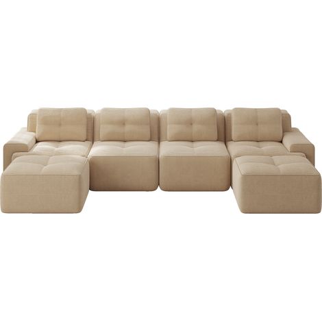 Boneless Sofas für Wohnzimmer, Modulares Sofa mit U-förmiger Chaiselongue, 4-Sitzer Bequem Polstertes Tiefsitz Corduroy-Cloud-Sofa, Montagefreies Sofa, Rutschfestes Design, Beige (1/5)
