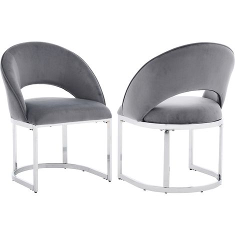 2 sillas de comedor de terciopelo gris con patas de metal color plata, estilo moderno (1/5)