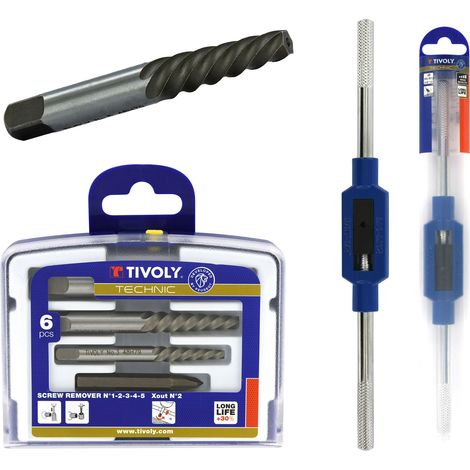 Tivoly • Kit Extracteurs de Vis Cassées M4 à M18 + Tourne-à-Gauche N°2 M4 à M12 - 5 Extracteurs HCS + 1 X-Out Ø2 à 8 mm + Porte-Taraud n°2 M4-M12 en Zamak