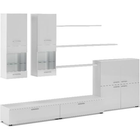 Skraut Home - Möbel TV - Möbel set- Glanzlack Wohnwand, Wohnzimmer, Wohnzimmerschrank, Anbauwand, Esszimmer mit LEDs, weiß matt und weiß lackiert,, Maße: 300 x 189 x 42 cm Tiefe. (1/5)