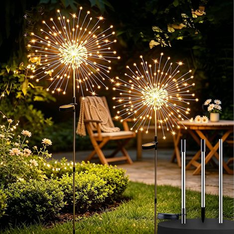 Lot de 2 Lampes Solaires Extérieures 200 LED, 8 Modes Éclairage Extérieur Solaire, 2/3 Tiges Réglables en Acier Inoxydable 51in, Étanche IP65, Jardin, Terrasse, Cour, Noël (Couleur Chaude) (1/5)
