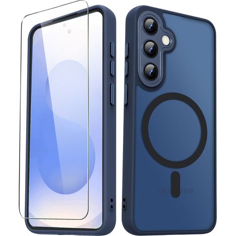 Coque pour Samsung Galaxy S25, compatible MagSafe, finition mate, bleu marine + protection d'écran en verre trempé (1/5)