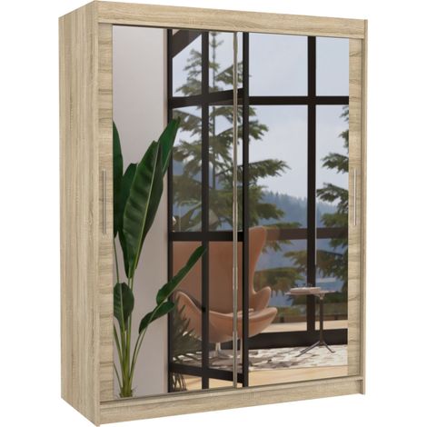 Armoire de chambre bois clair 2 portes coulissantes avec miroir Prima 150cm (1/4)