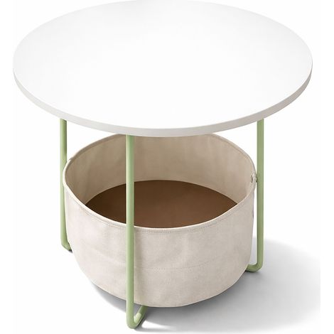 Table d'appoint Relaxdays, table basse ronde, avec panier en tissu, H 50 x 45 cm, pour salon, MDF, métal, sauge-crème